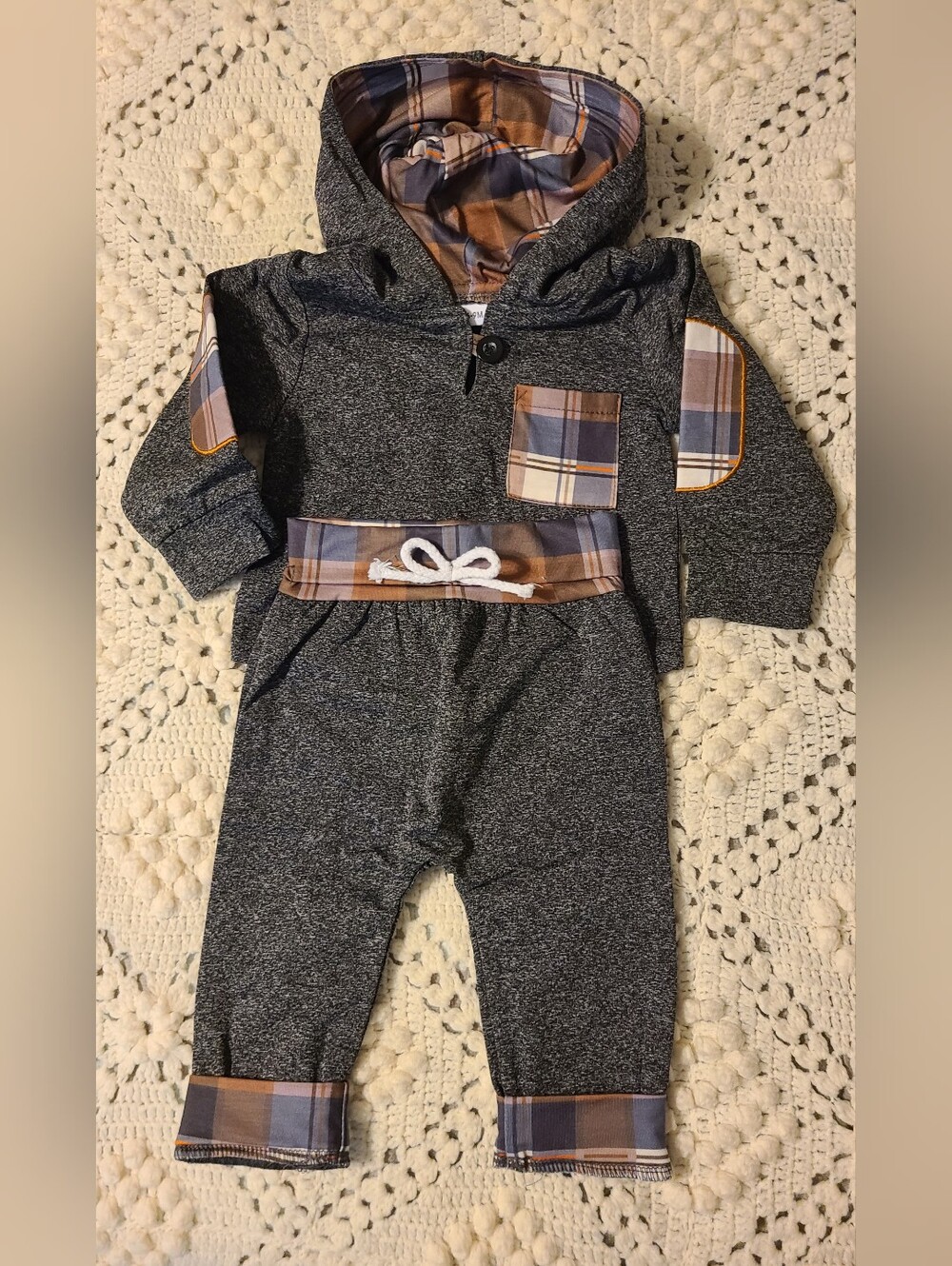 New !! 6/9 Months Baby Hooded Jumpsuit with Plaid Accents - Gray & Brown